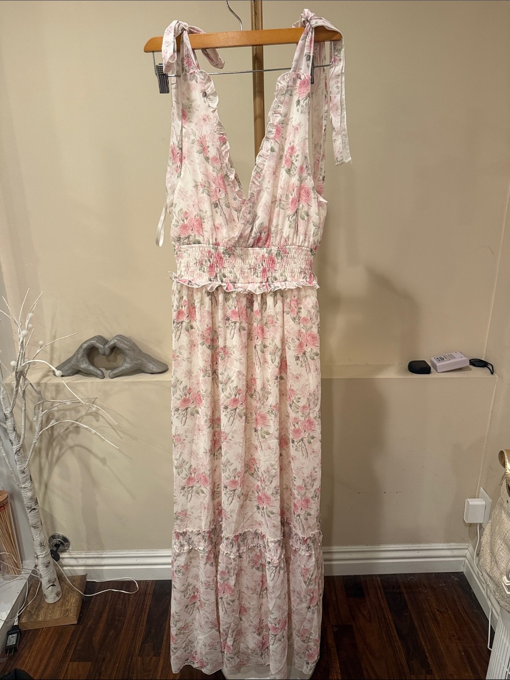 Floral Tie-Shoulder Maxi Dress in Light Pink